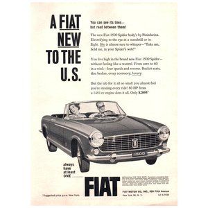 1964 Fiat 1500 Spider Convertible by Pininfarina Vintage Print Ad Classic Car